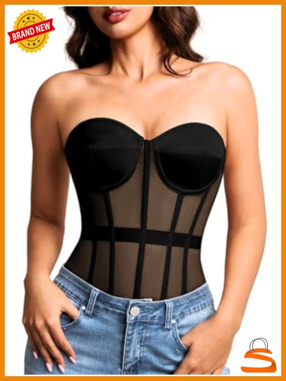 Sheer Mesh Overbust Corset Sexy Lace Up Satin Bra Shapewear Top Women